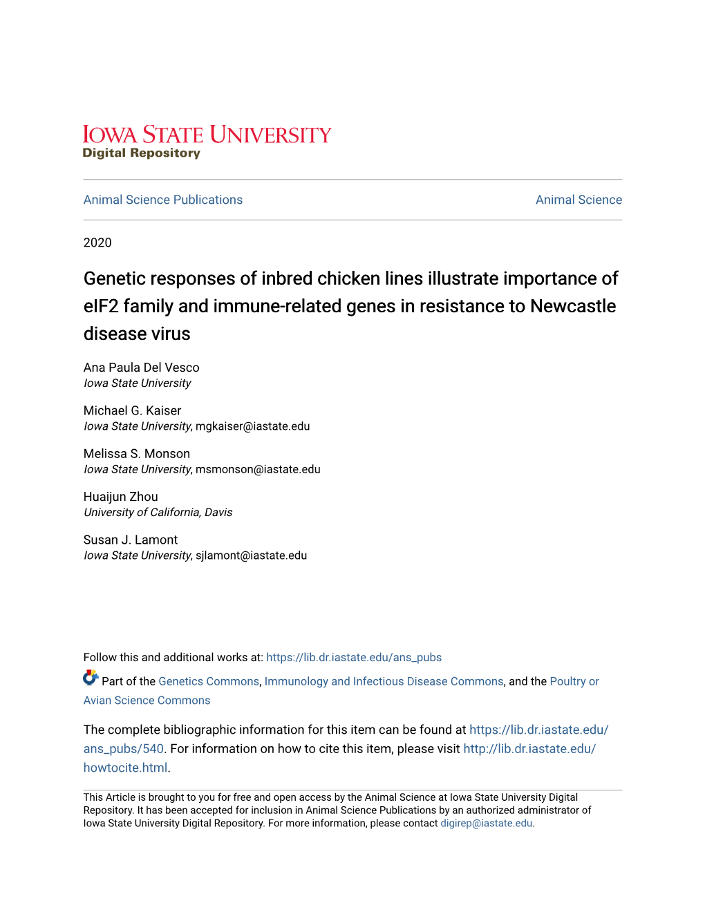 Genetic Responses of Inbred Chicken Lines Illustrate Importance of Eif2 Family and Immune-Related Genes in Resistance to Newcastle Disease Virus