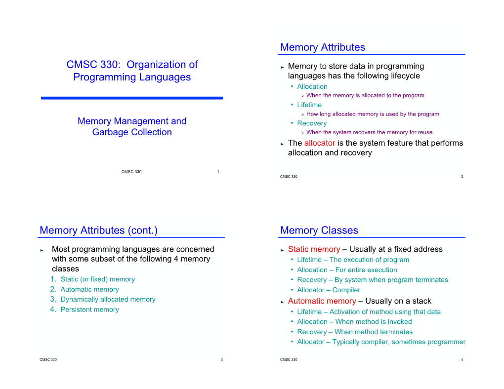 CMSC 330: Organization of Programming Languages Memory