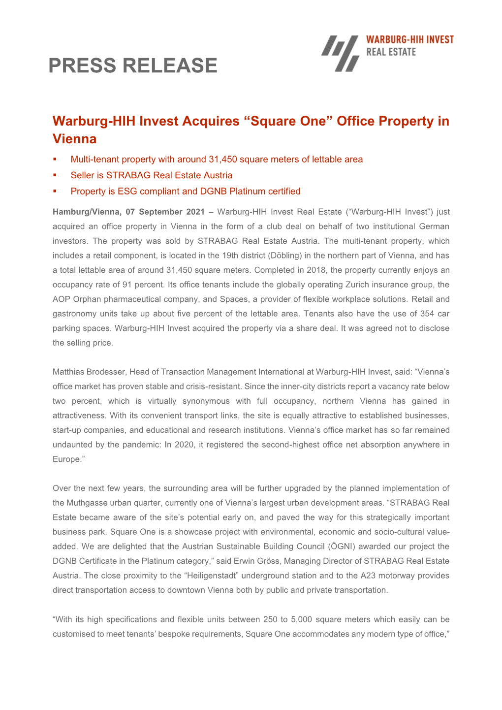Warburg-HIH Invest Acquires “Square One” Office Property in Vienna