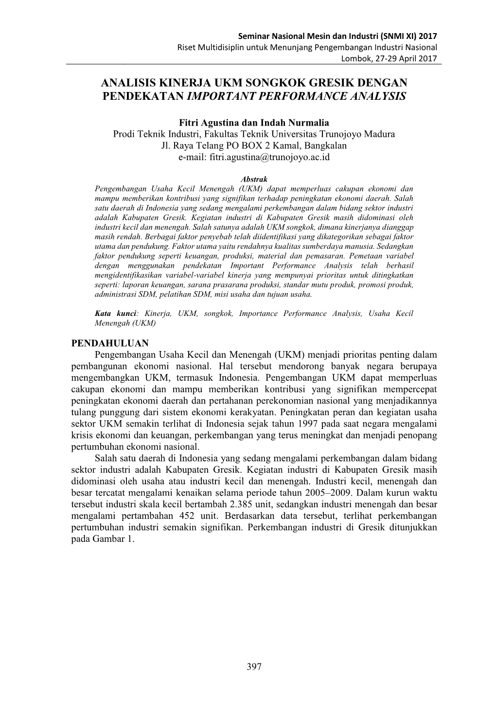 Analisis Kinerja Ukm Songkok Gresik Dengan Pendekatan Important Performance Analysis