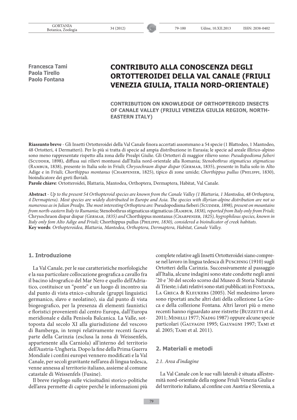 Contributo Alla Conoscenza Degli Ortotteroidei Della Val Canale (Friuli