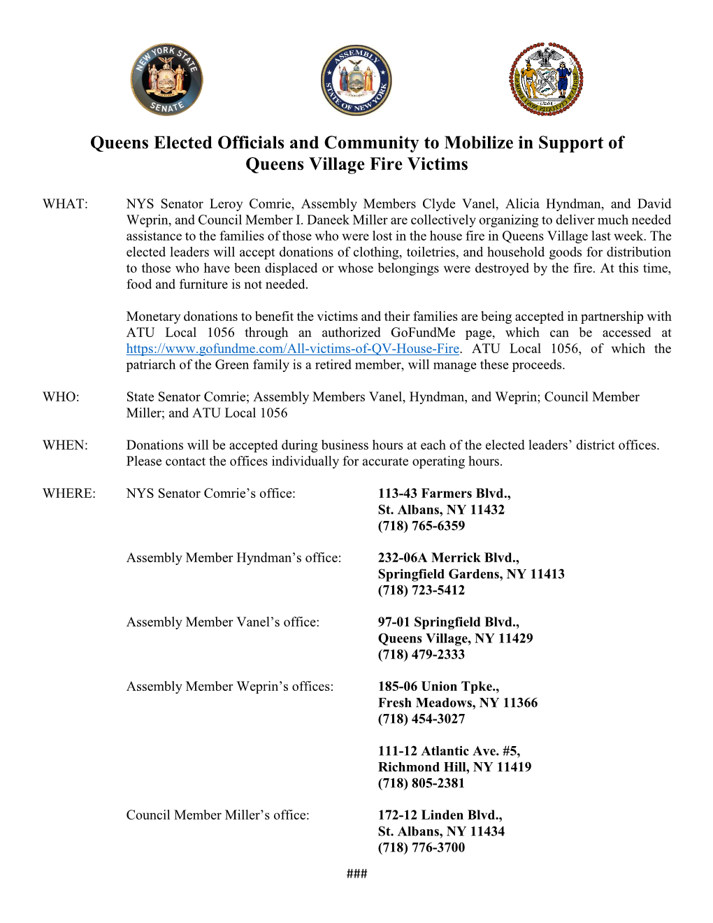 Queens Elected Officials and Community to Mobilize in Support of Queens Village Fire Victims