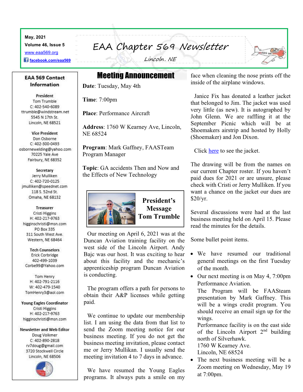 May, 2021 ~ ~ Volume 46, Issue 5 ~ ~ EAA Chapter 569 Newsletter ~ Facebook.Com/Eaa569 ~ Lincoln, NE