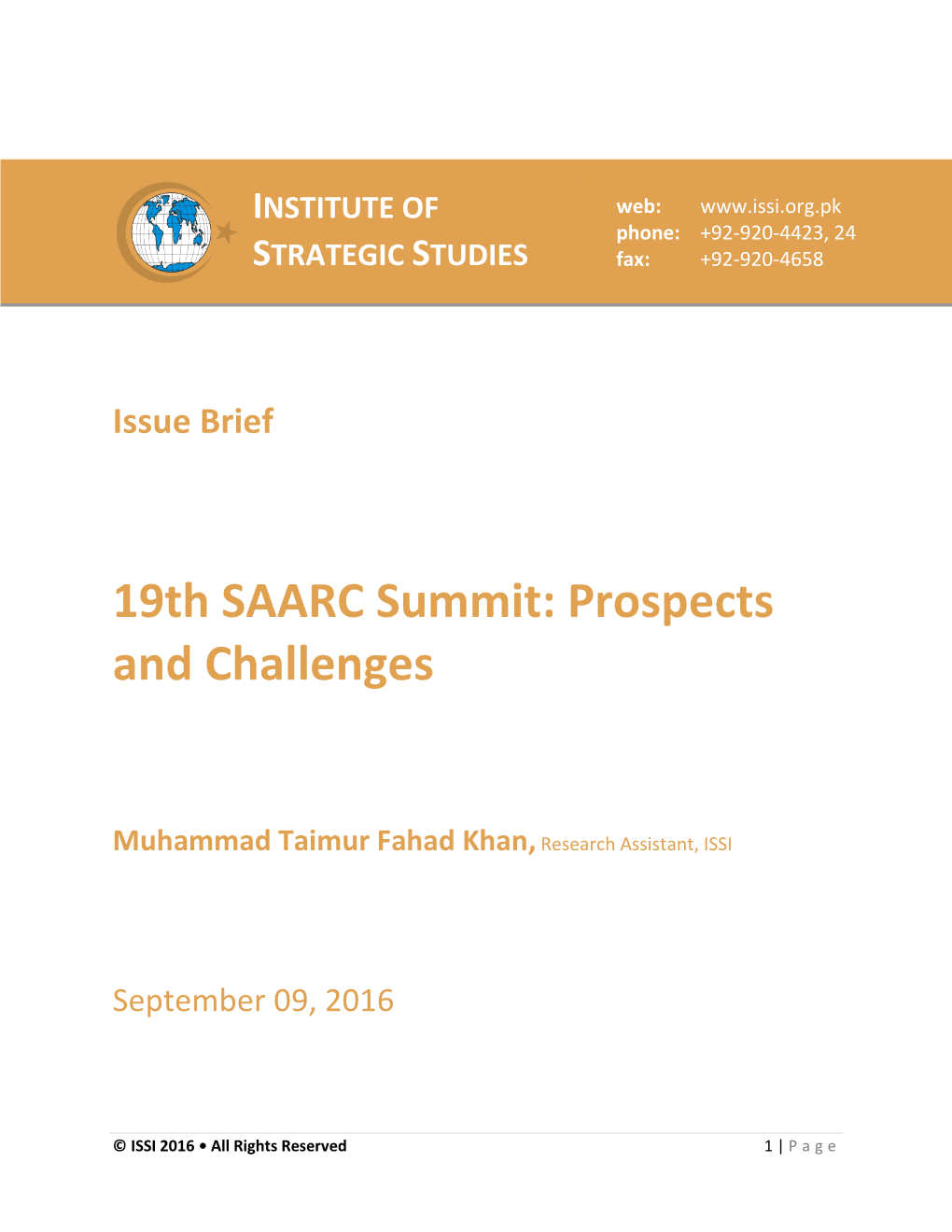 19Th SAARC Summit: Prospects and Challenges