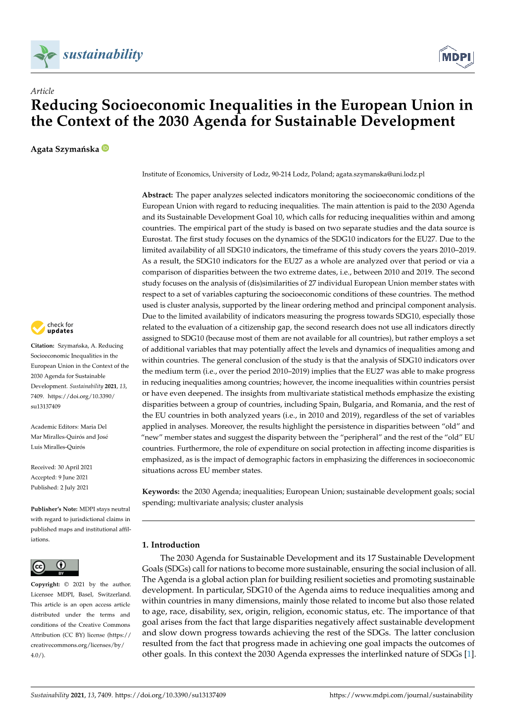Reducing Socioeconomic Inequalities in the European Union in the Context of the 2030 Agenda for Sustainable Development
