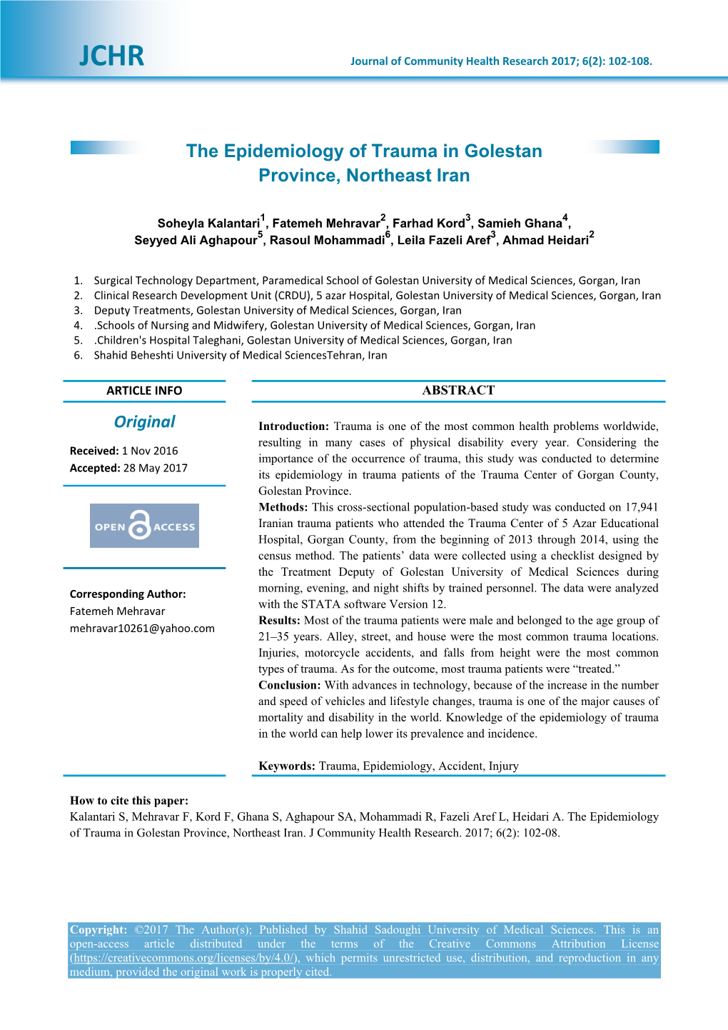 The Epidemiology of Trauma in Golestan Province, Northeast of Iran