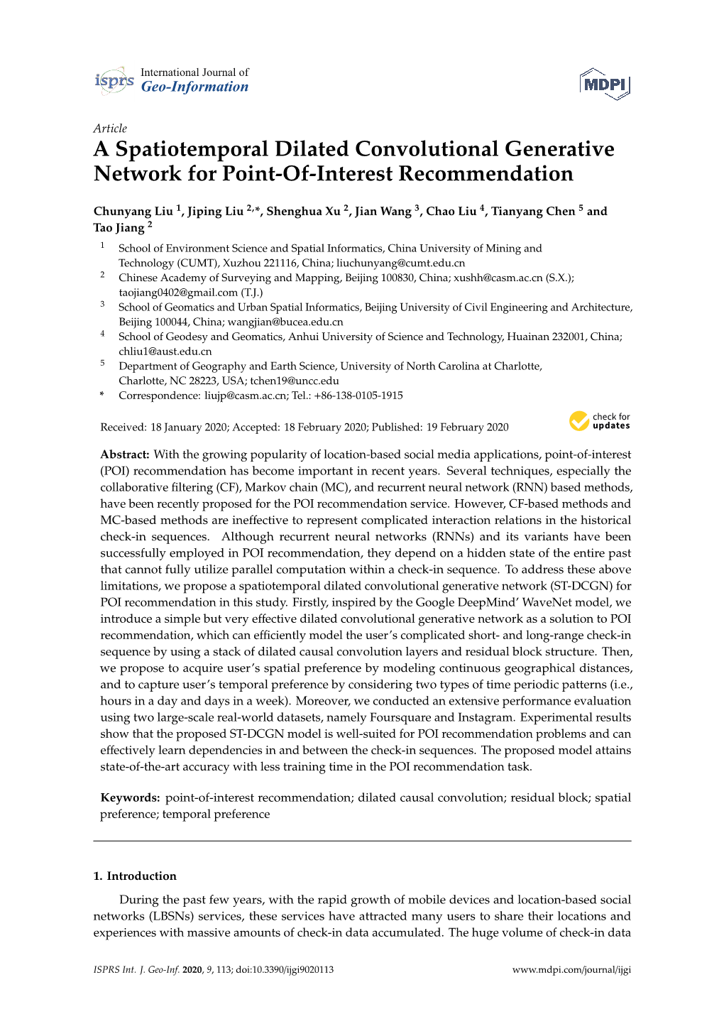 A Spatiotemporal Dilated Convolutional Generative Network for Point-Of-Interest Recommendation