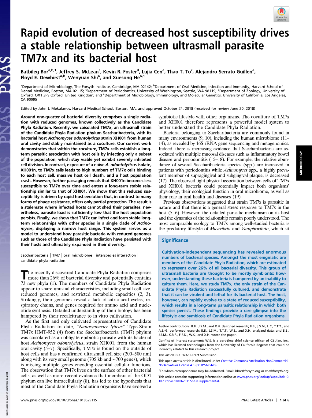 Rapid Evolution of Decreased Host Susceptibility Drives a Stable Relationship Between Ultrasmall Parasite Tm7x and Its Bacterial Host