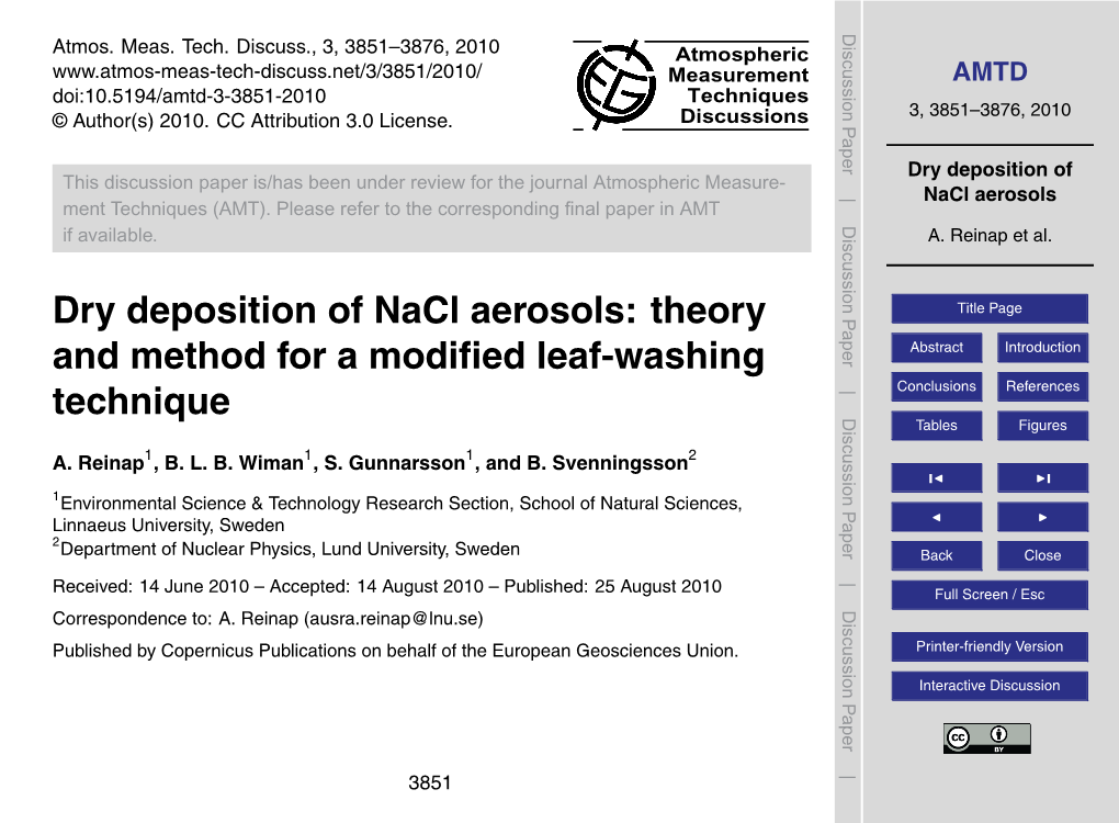 Dry Deposition of Nacl Aerosols: Theory Title Page and Method for a Modiﬁed Leaf-Washing Abstract Introduction Technique Conclusions References Tables Figures