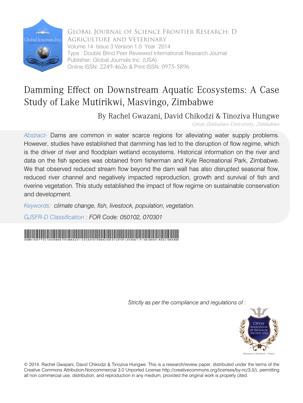 A Casestudy of Lake Mutirikwi, Masvingo, Zimbabwe