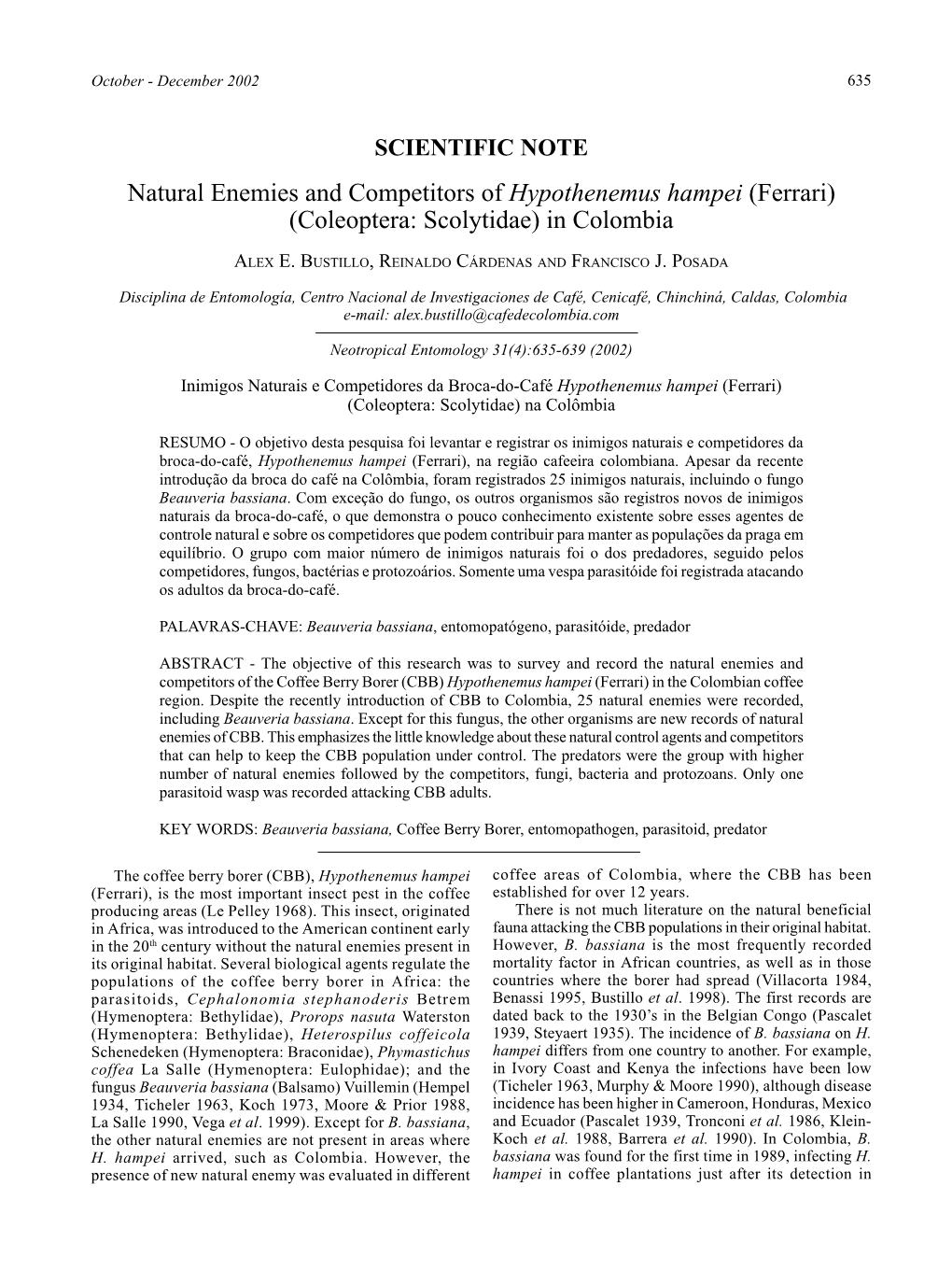 Natural Enemies and Competitors of Hypothenemus Hampei (Ferrari) (Coleoptera: Scolytidae) in Colombia