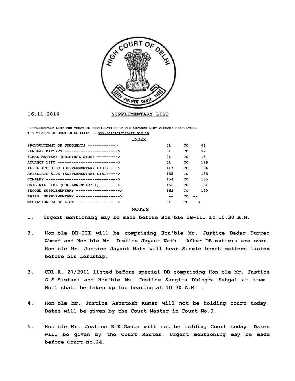 16.11.2016 Supplementary List