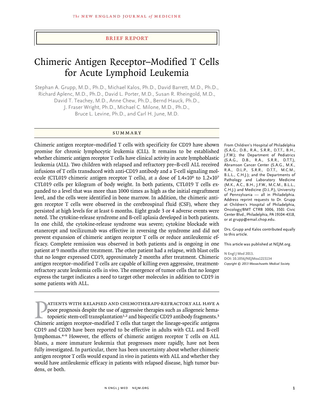 Chimeric Antigen Receptor–Modified T Cells for Acute Lymphoid Leukemia