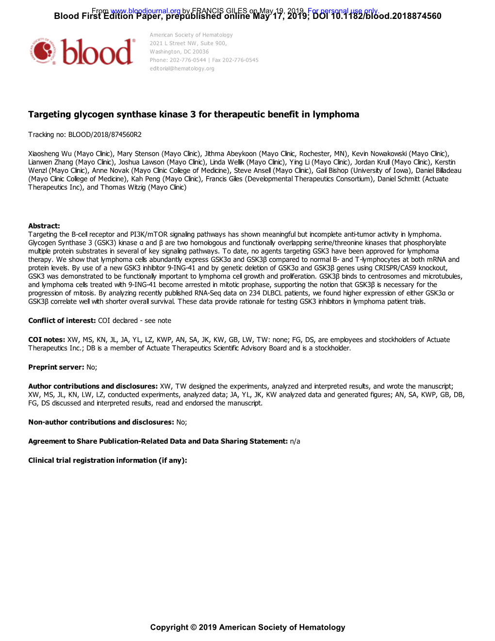 Targeting Glycogen Synthase Kinase 3 for Therapeutic Benefit in Lymphoma