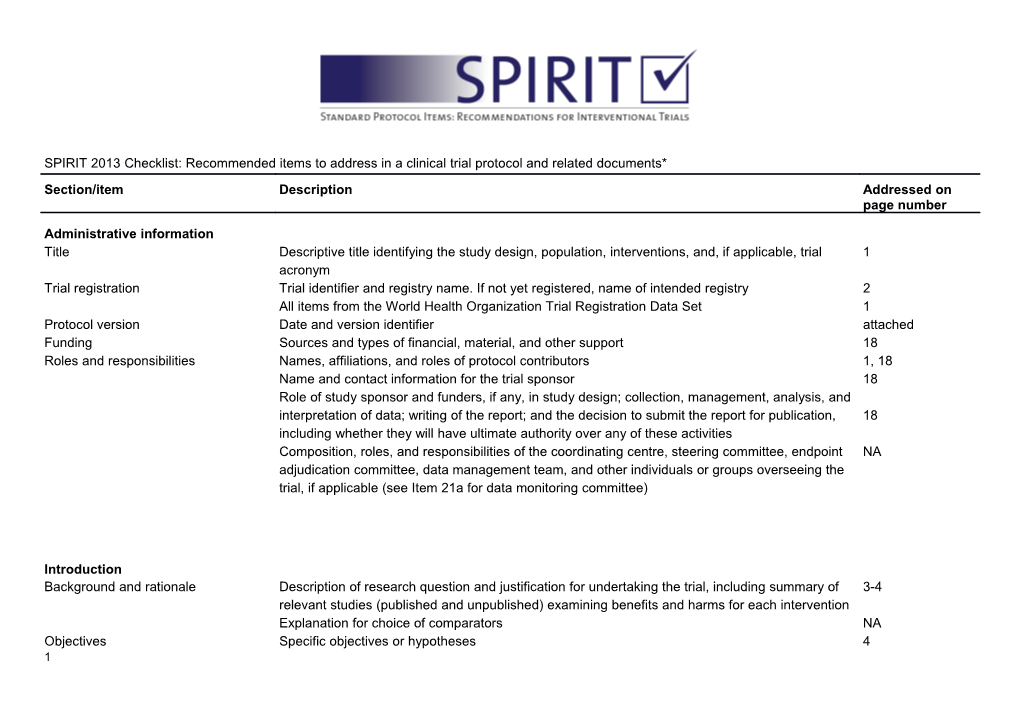 Table 1 SPIRIT 2013 Checklist: Recommended Items to Address in a Clinical Trial Protocol