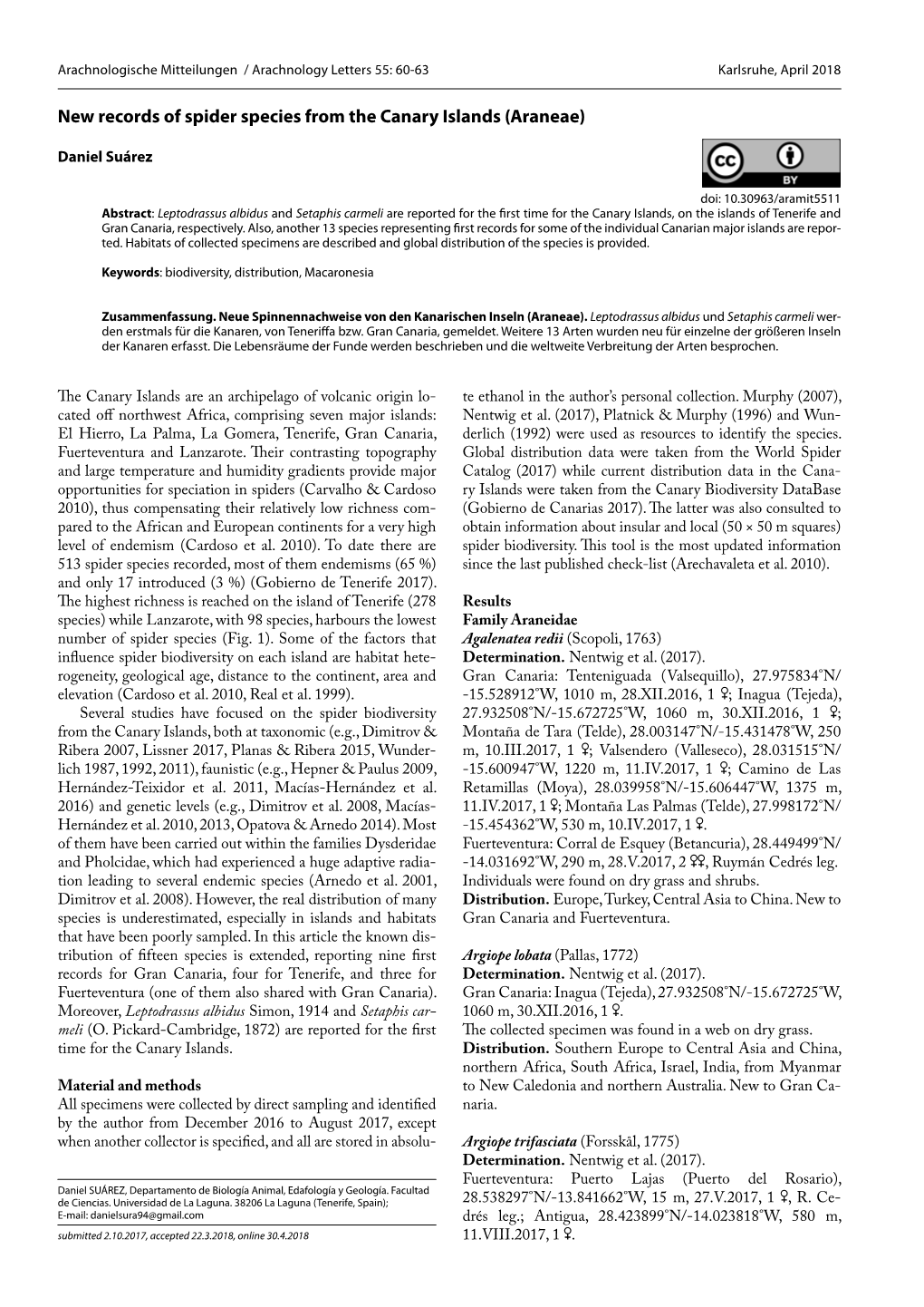 New Records of Spider Species from the Canary Islands (Araneae)