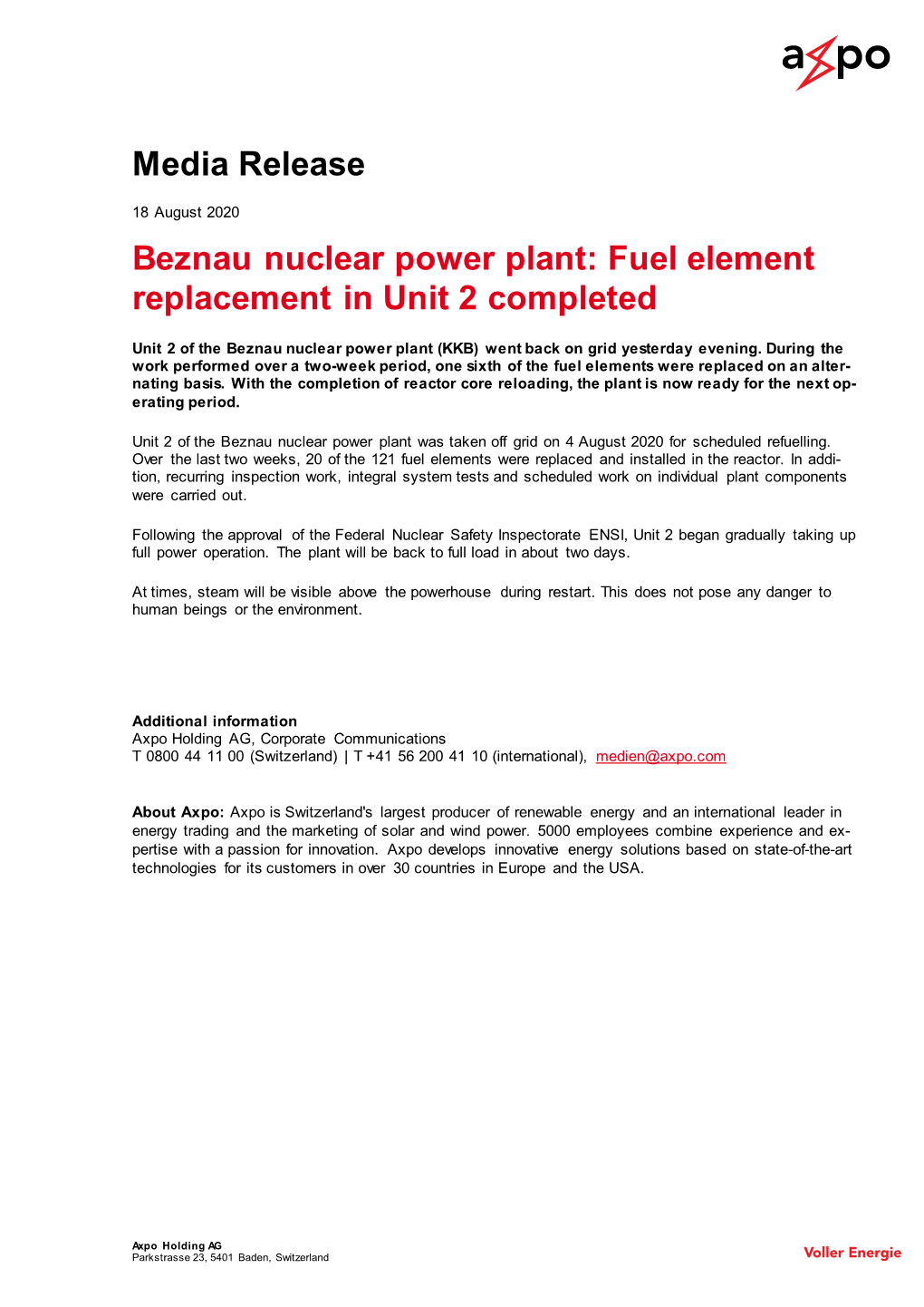 Media Release Beznau Nuclear Power Plant