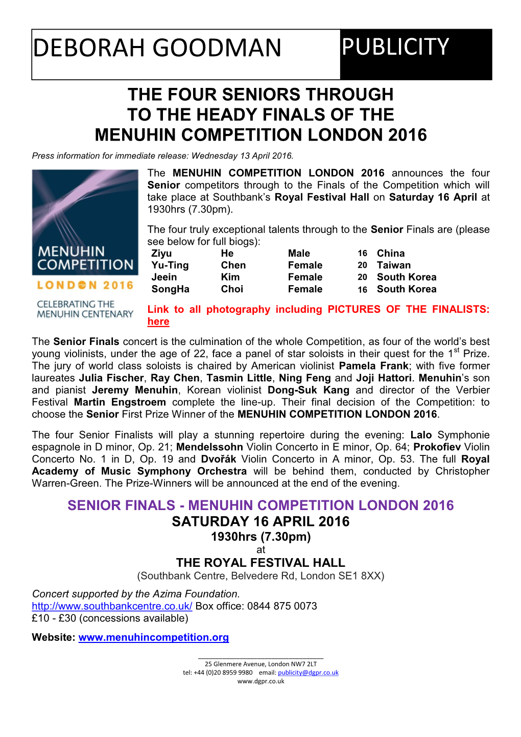 Senior Finalists Announced in the Menuhin