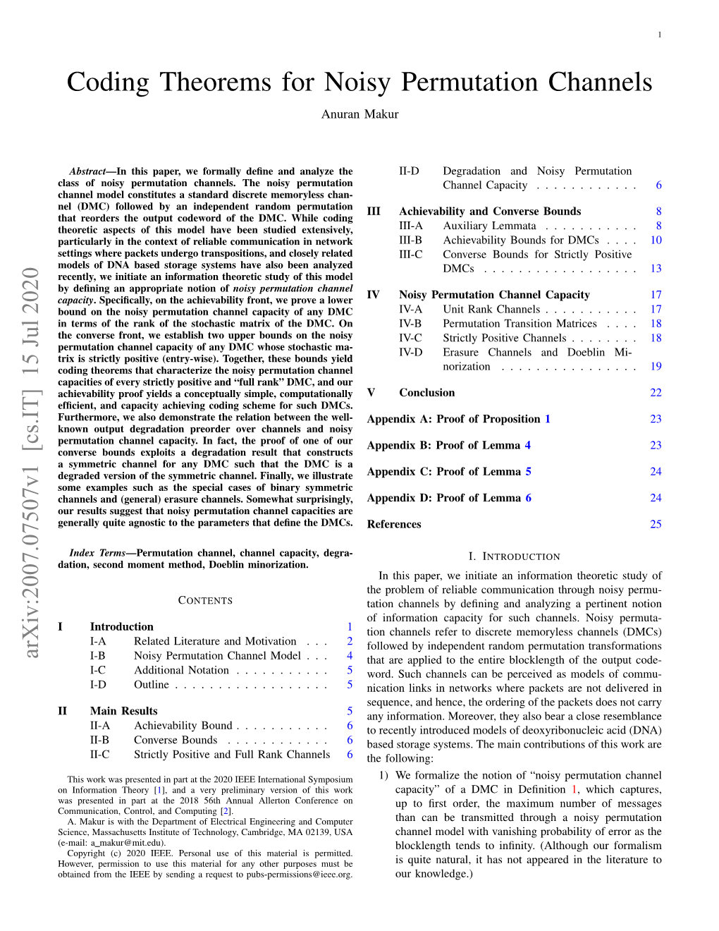 Coding Theorems for Noisy Permutation Channels Anuran Makur