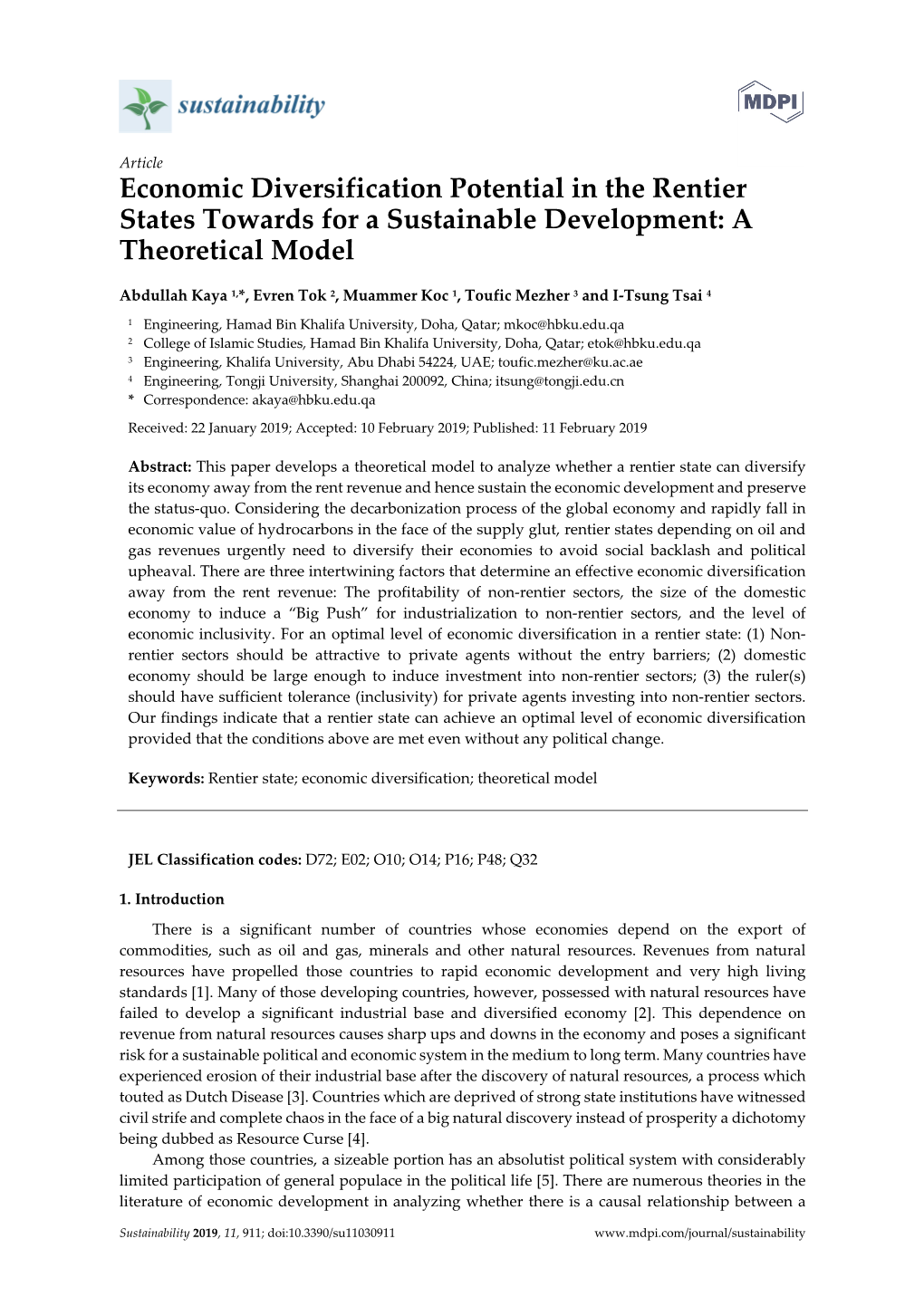 Economic Diversification Potential in the Rentier States Towards for a Sustainable Development: a Theoretical Model