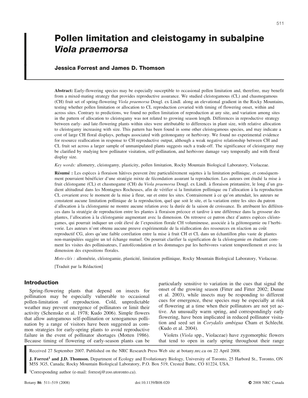 Pollen Limitation and Cleistogamy in Subalpine Viola Praemorsa