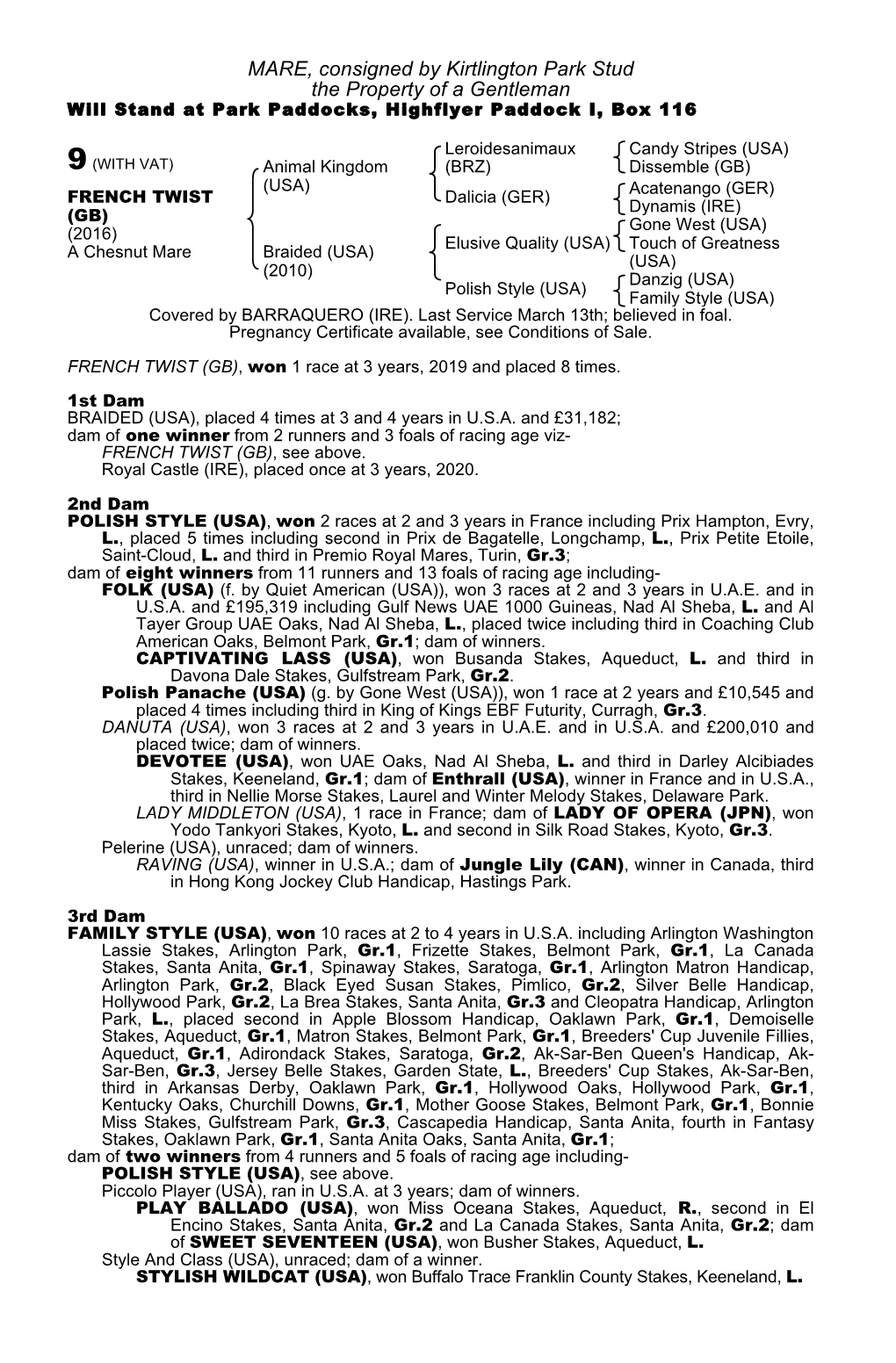MARE, Consigned by Kirtlington Park Stud the Property of a Gentleman Will Stand at Park Paddocks, Highflyer Paddock I, Box 116