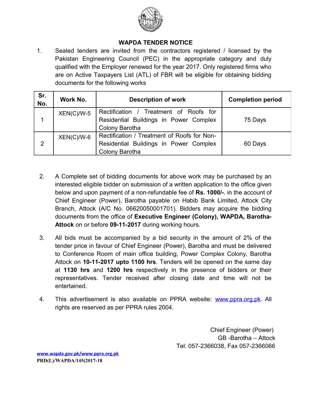 Wapda Tender Notice