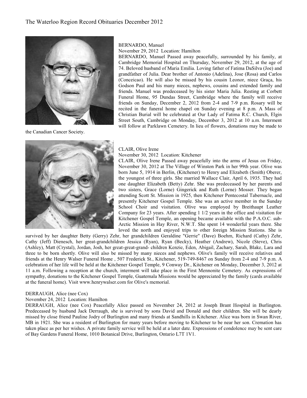 The Waterloo Region Record Obituaries December 2012