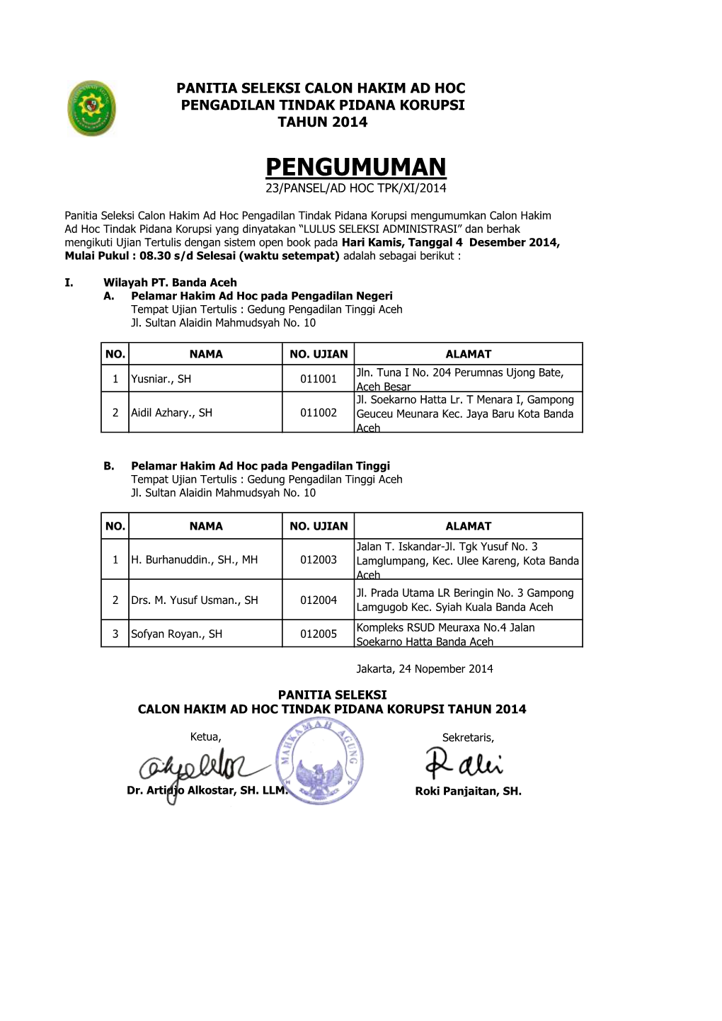 Pengumuman 23/Pansel/Ad Hoc Tpk/Xi/2014