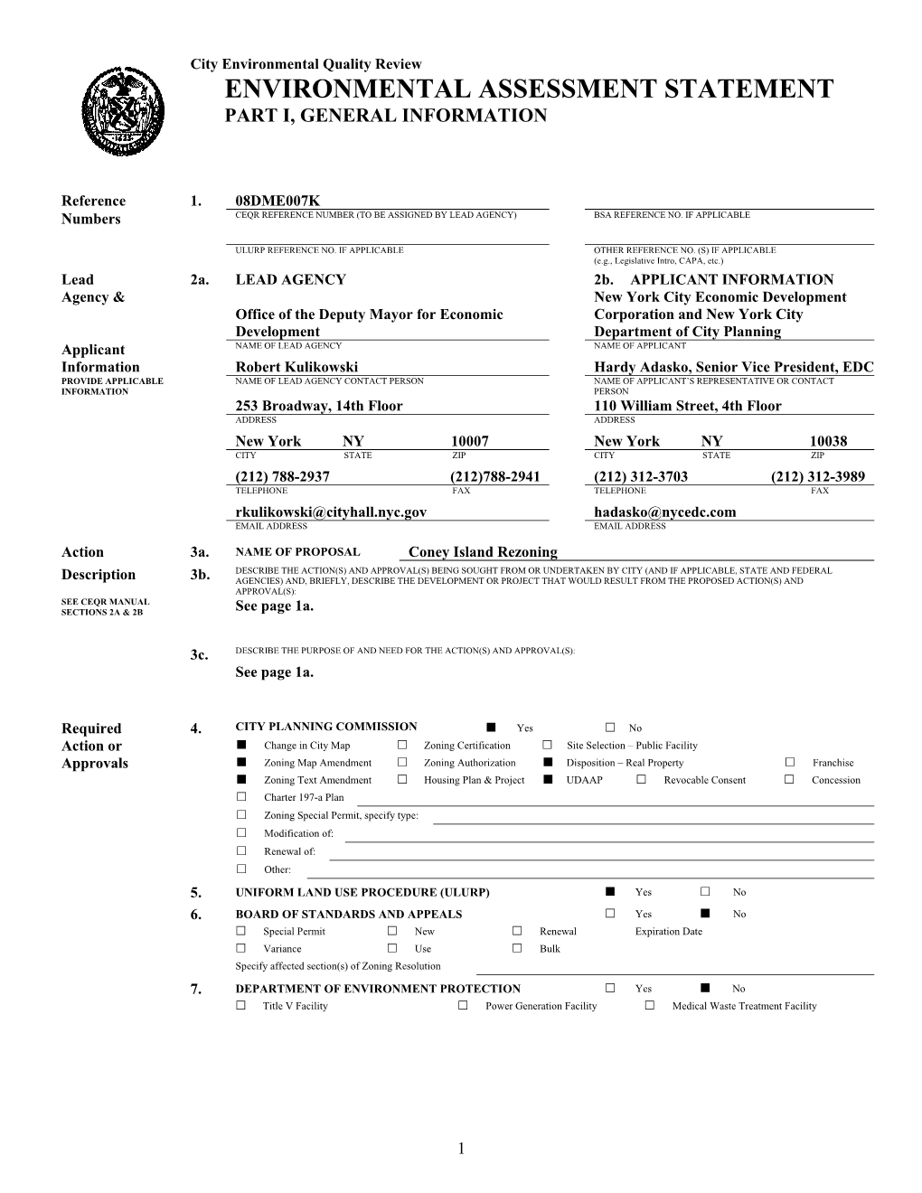 Environmental Assessment Statement Part I, General Information