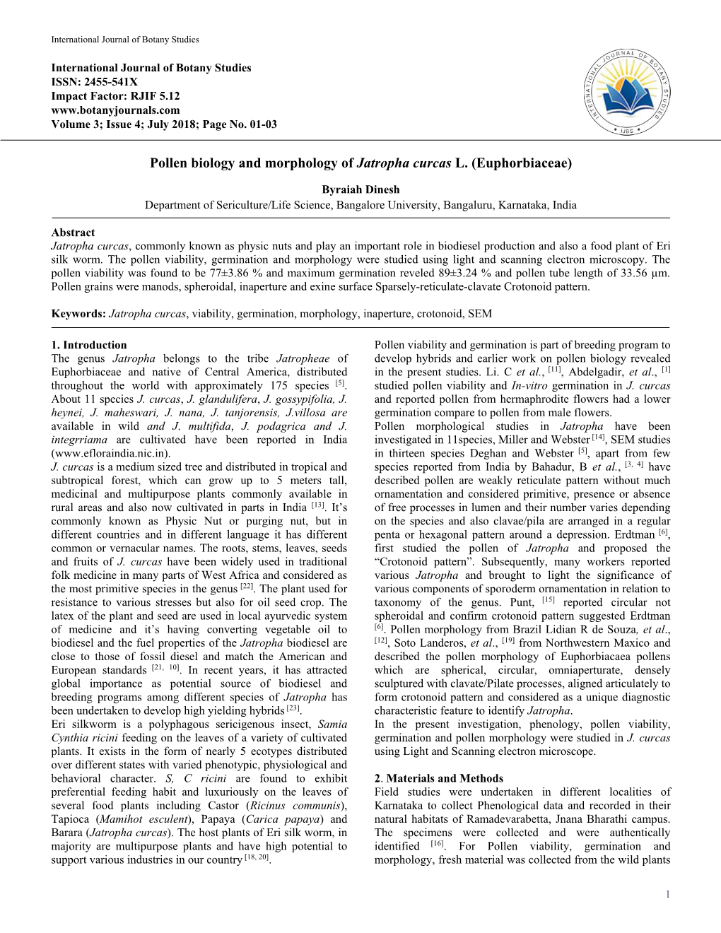 Pollen Biology and Morphology of Jatropha Curcas L. (Euphorbiaceae)