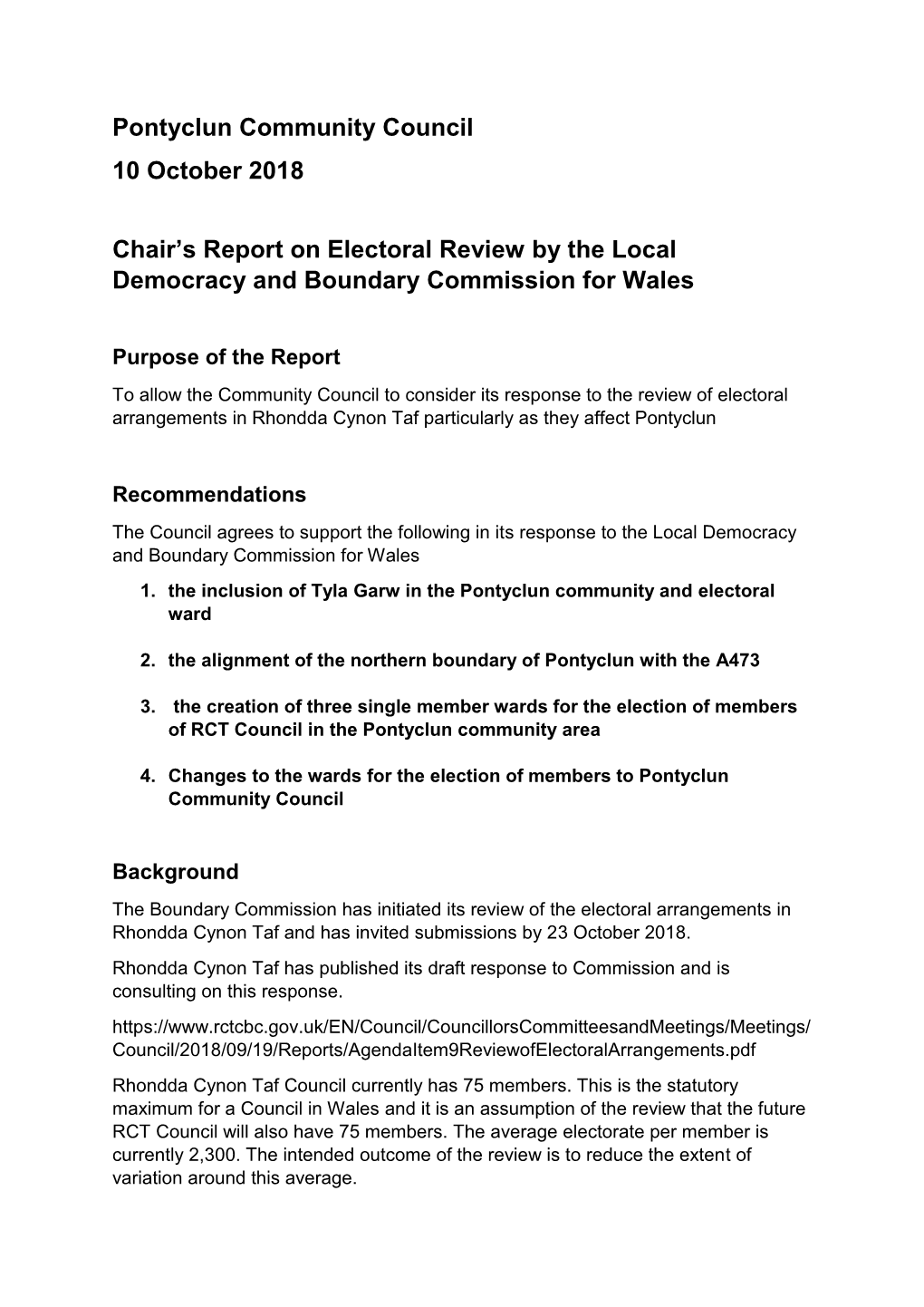 Pontyclun Community Council 10 October 2018 Chair's Report on Electoral Review by the Local Democracy and Boundary Commission