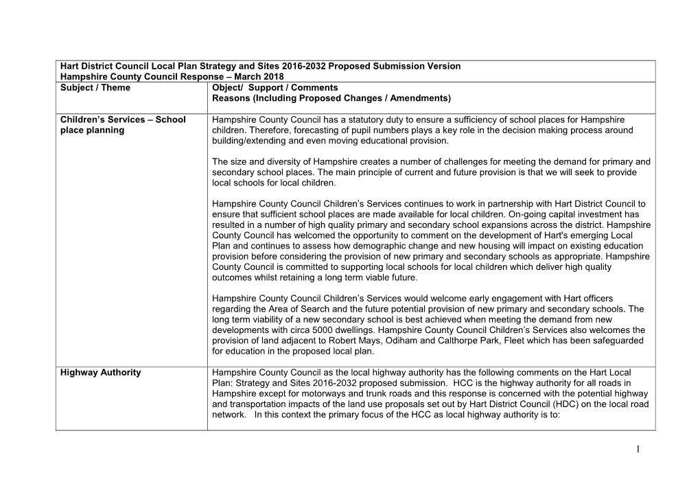 Hart District Council Local Plan Strategy and Sites 2016-2032 Proposed Submission Version Hampshire County Council Response –