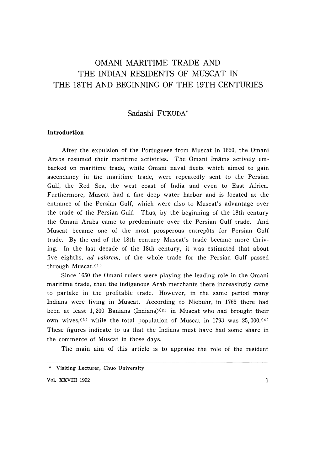 Omani Maritime Trade and the Indian Residents of Muscat in the 18Th and Beginning of the 19Th Centuries