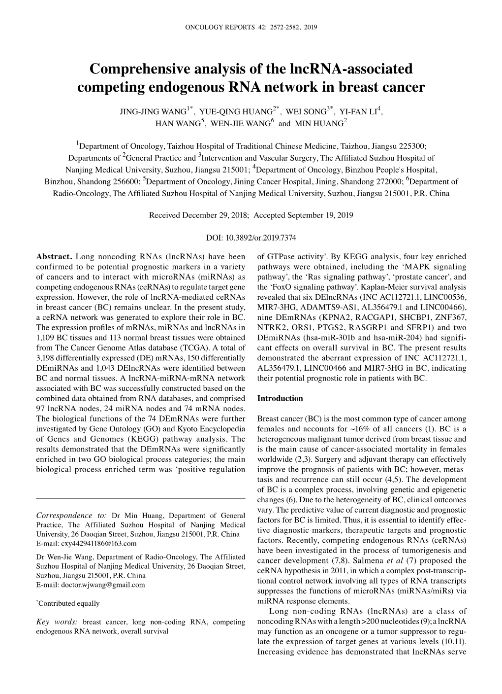 Comprehensive Analysis of the Lncrna‑Associated Competing Endogenous RNA Network in Breast Cancer