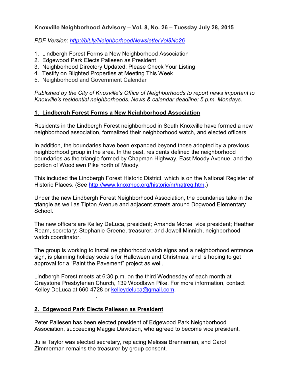 Knoxville Neighborhood Advisory – Vol. 8, No. 26 – Tuesday July 28, 2015