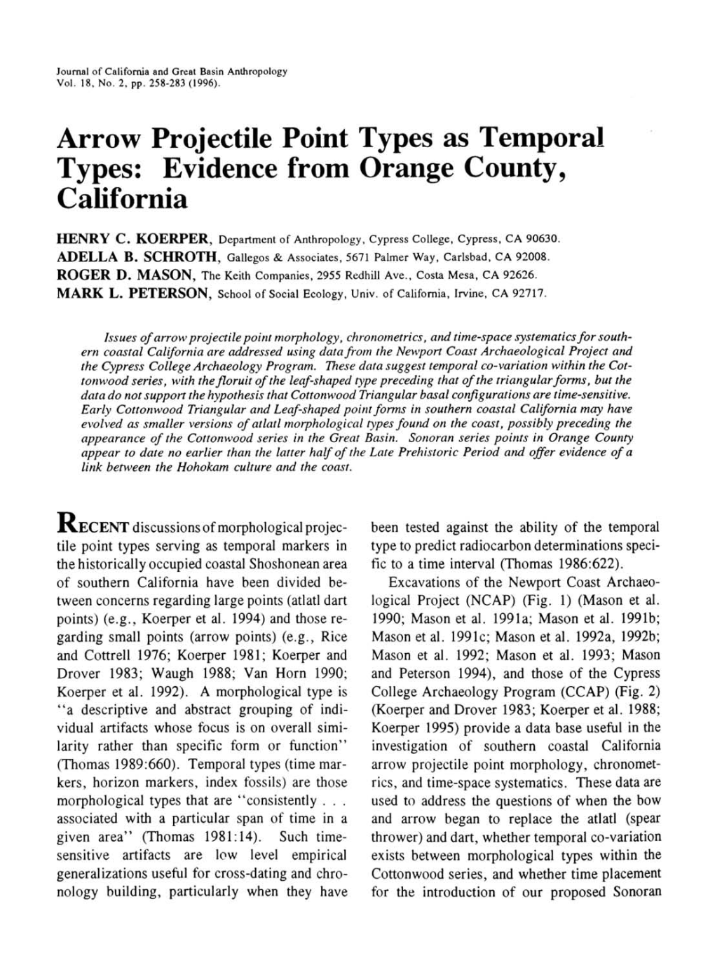 Arrow Projectile Point Types As Temporal Types: Evidence from Orange County, California