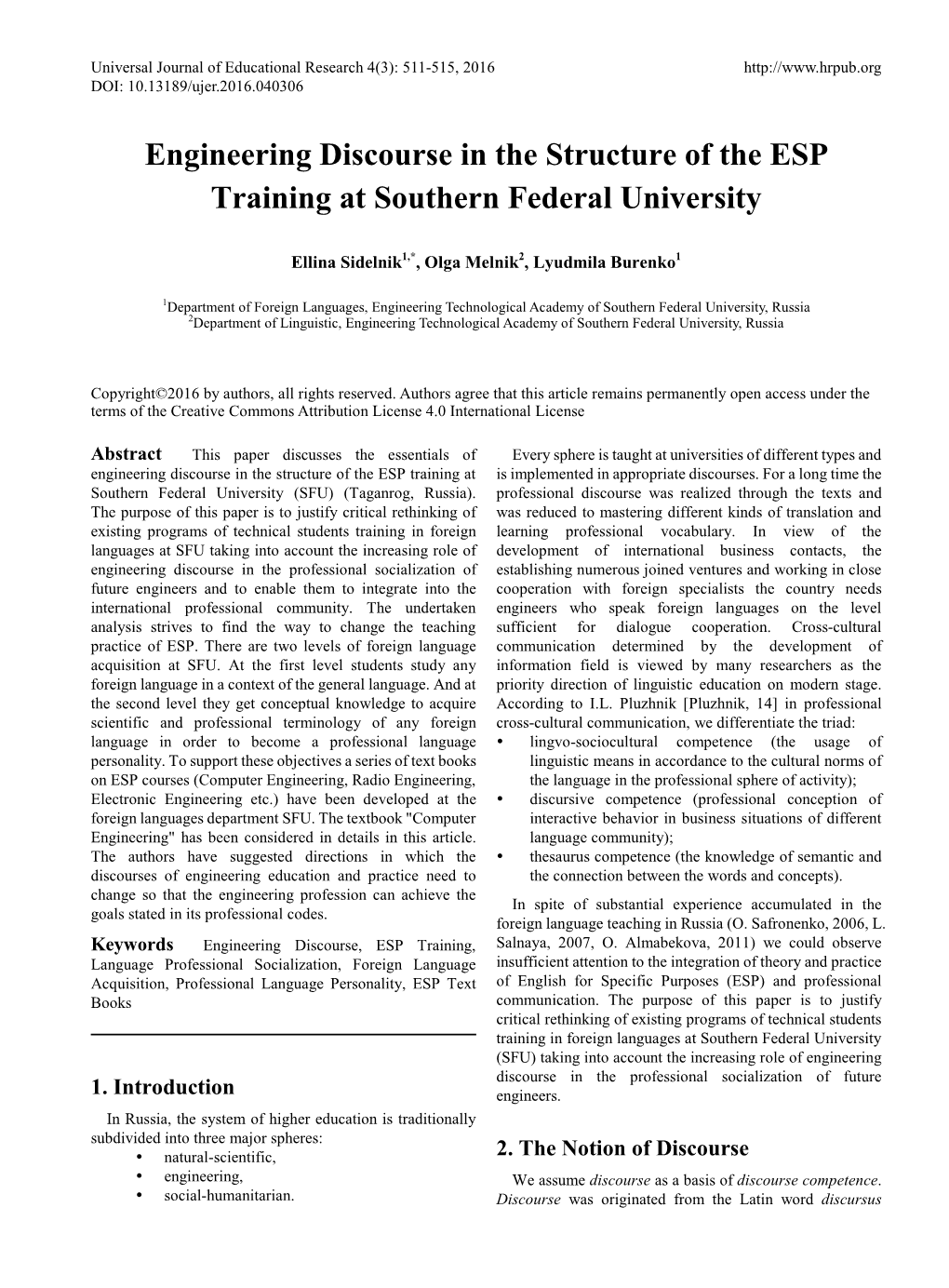 Engineering Discourse in the Structure of the ESP Training at Southern Federal University