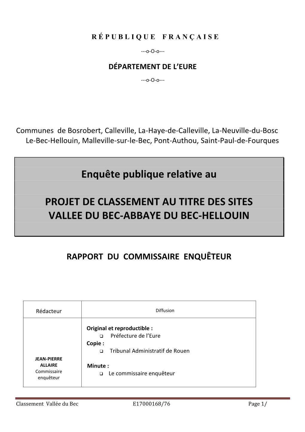 Enquête Publique Relative Au PROJET DE CLASSEMENT AU TITRE DES