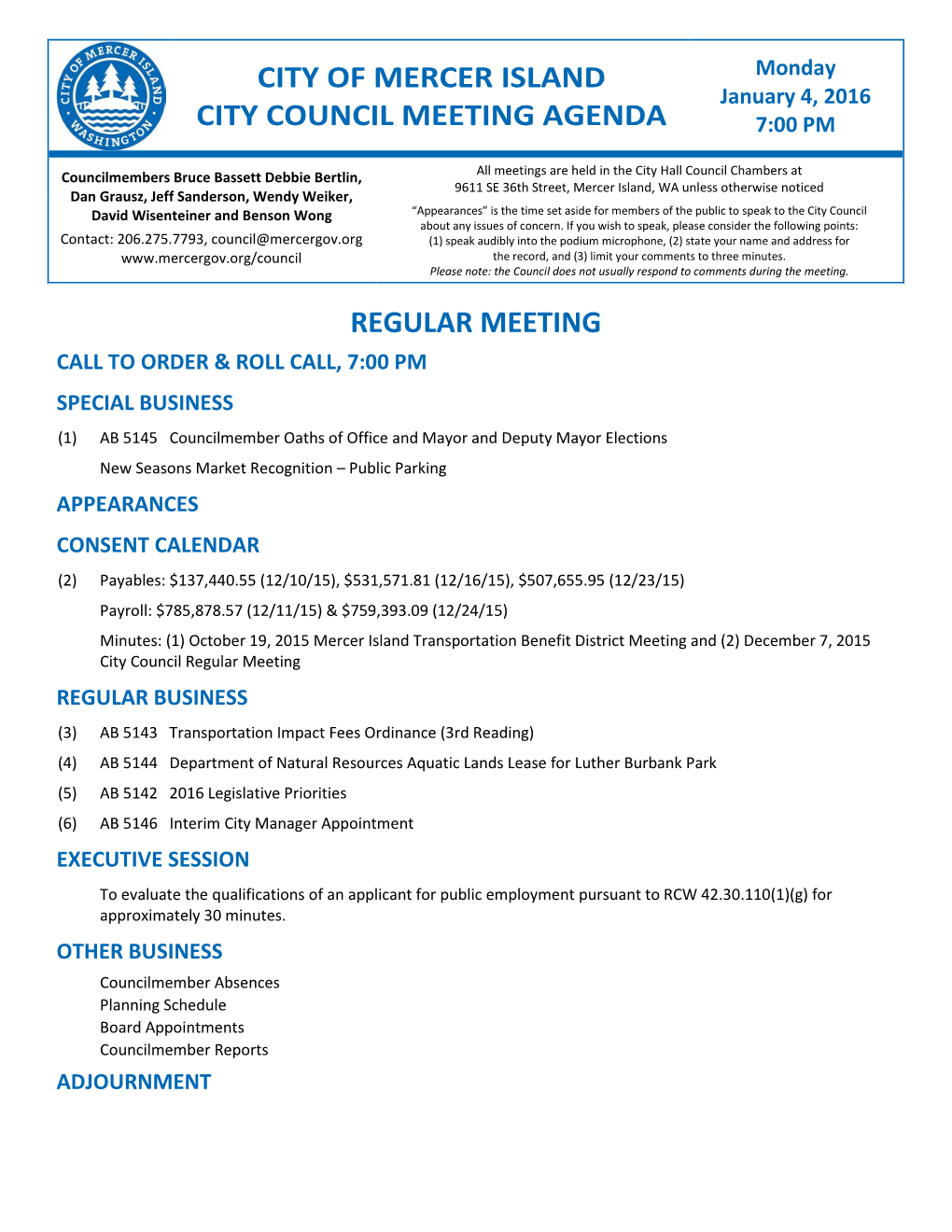 City of Mercer Island City Council Meeting Agenda Regular Meeting