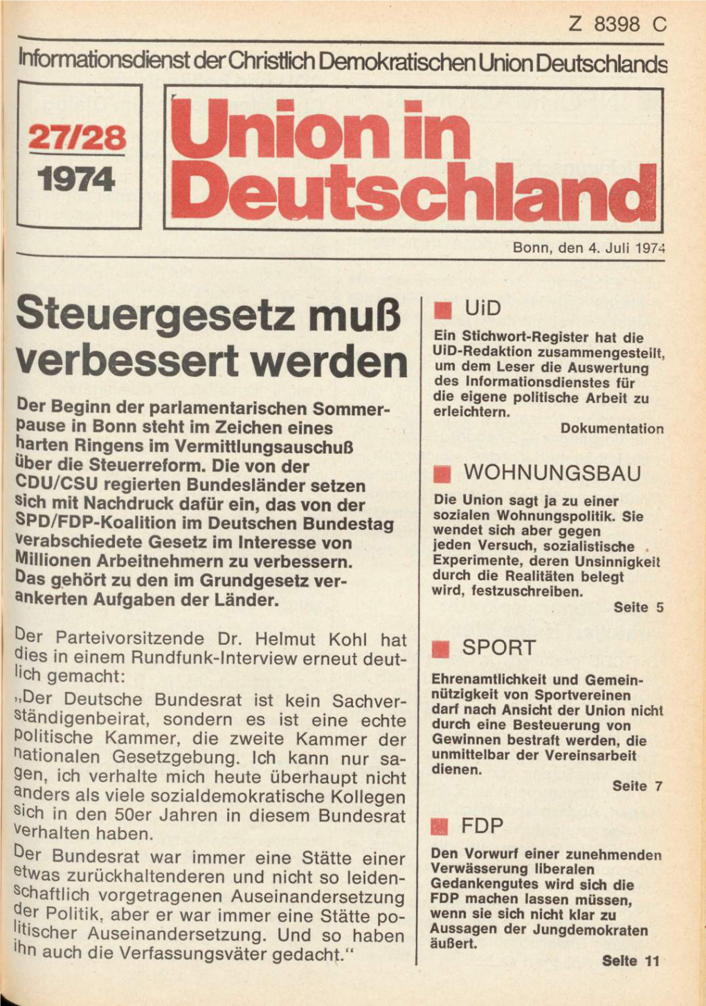 UID 1974 Nr. 27/28, Union in Deutschland