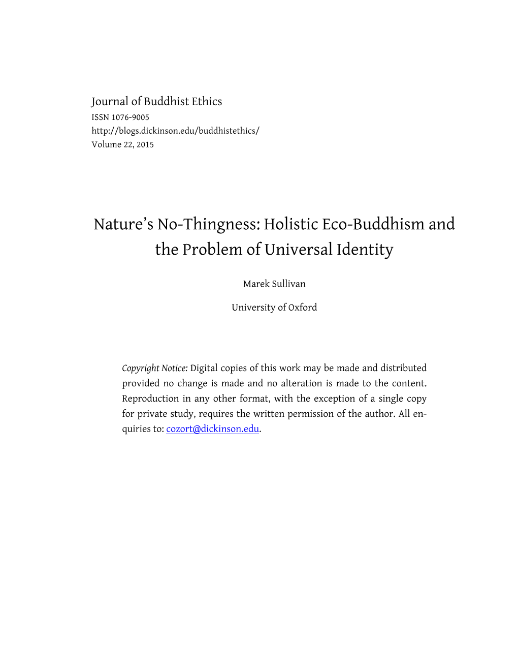 Nature's No-Thingness: Holistic Eco-Buddhism and the Problem Of