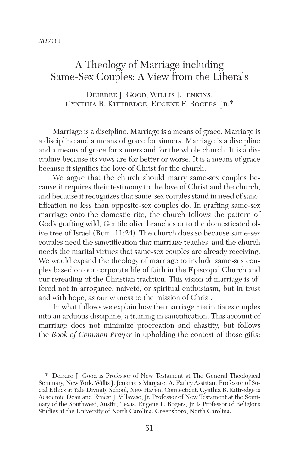 A Theology of Marriage Including Same-Sex Couples: a View from the Liberals