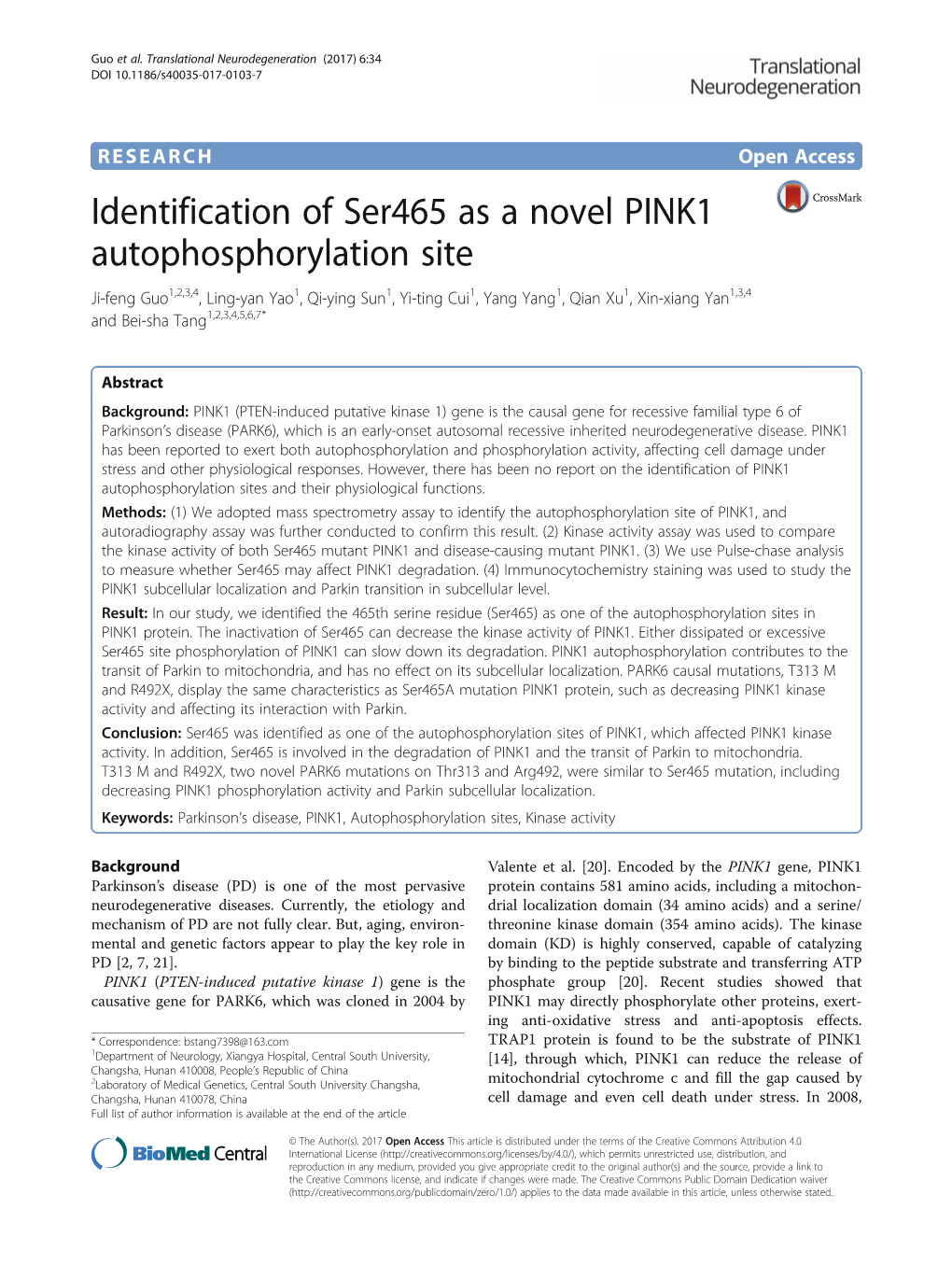 Identification of Ser465 As a Novel PINK1 Autophosphorylation Site