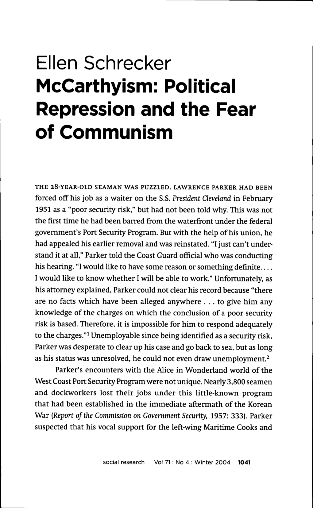 Ellen Schrecker Mccarthyism: Political Repression and the Fear of Communism