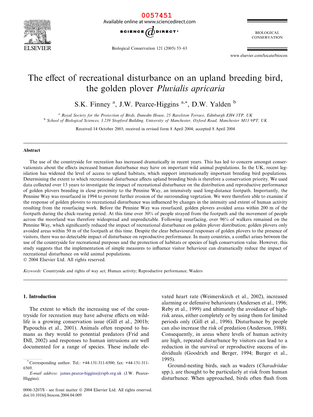 The Effect of Recreational Disturbance on an Upland Breeding Bird, the Golden Plover Pluvialis Apricaria