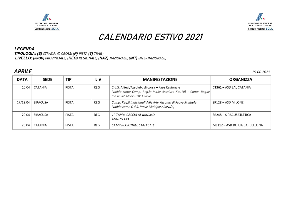 Calendario Estivo 2021