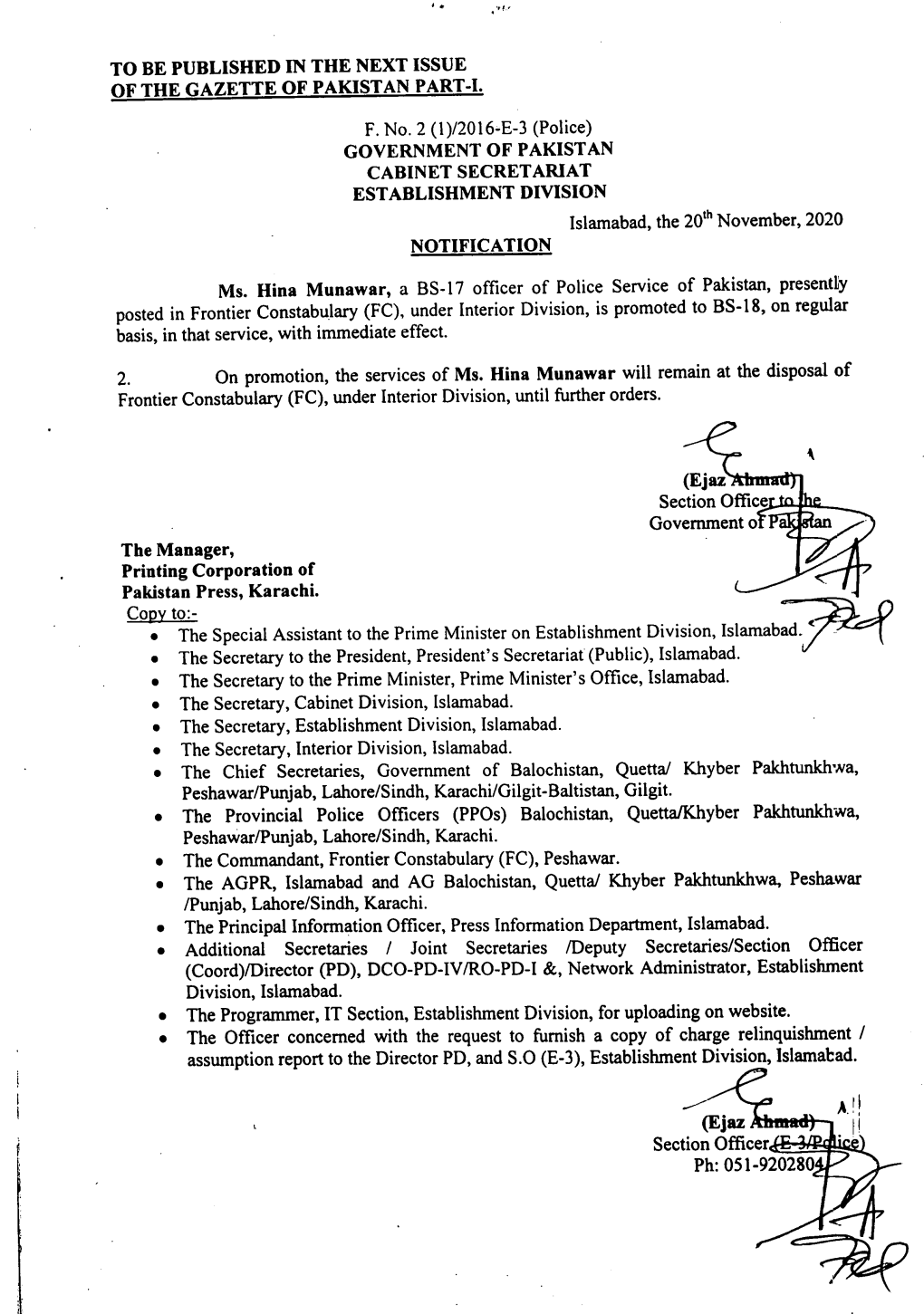 (Police) GOVERNMENT of PAKISTAN CABINET SECRETARIAT ESTABLISHMENT DIVISION 201H Islamabad, the November, 2020 NOTIFICATION