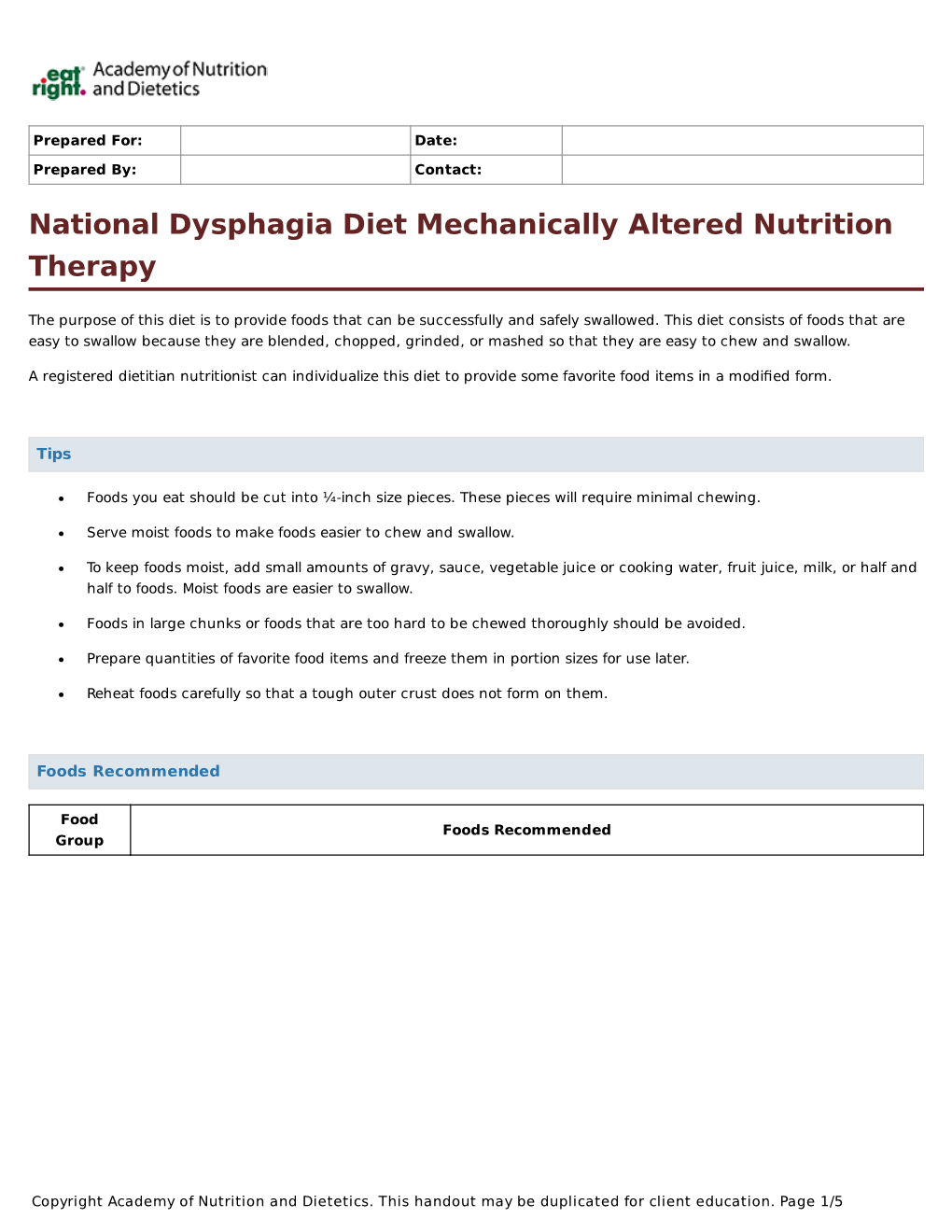 National Dysphagia Diet Mechanically Altered Nutrition Therapy