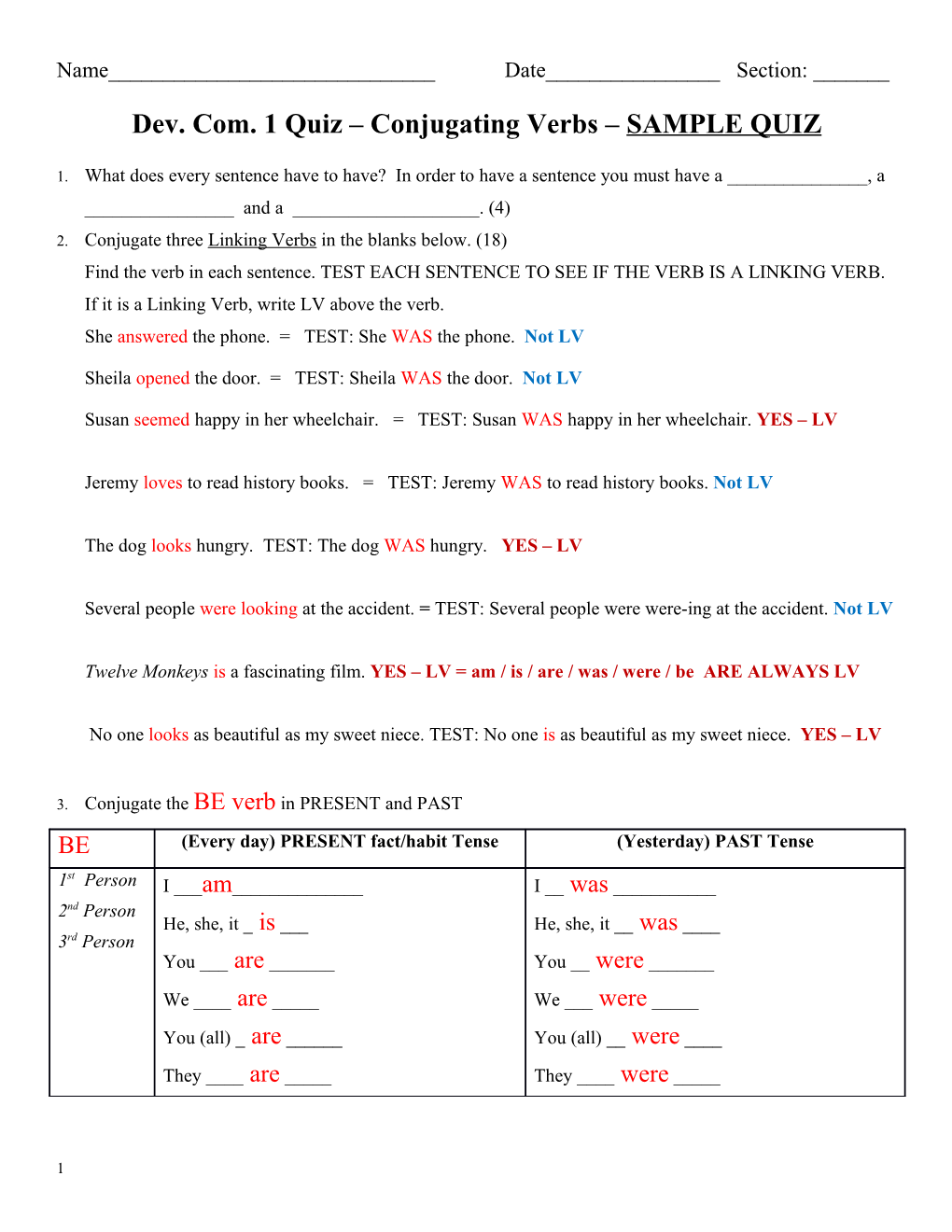 Dev. Com. 1 Quiz Conjugating Verbs SAMPLE QUIZ